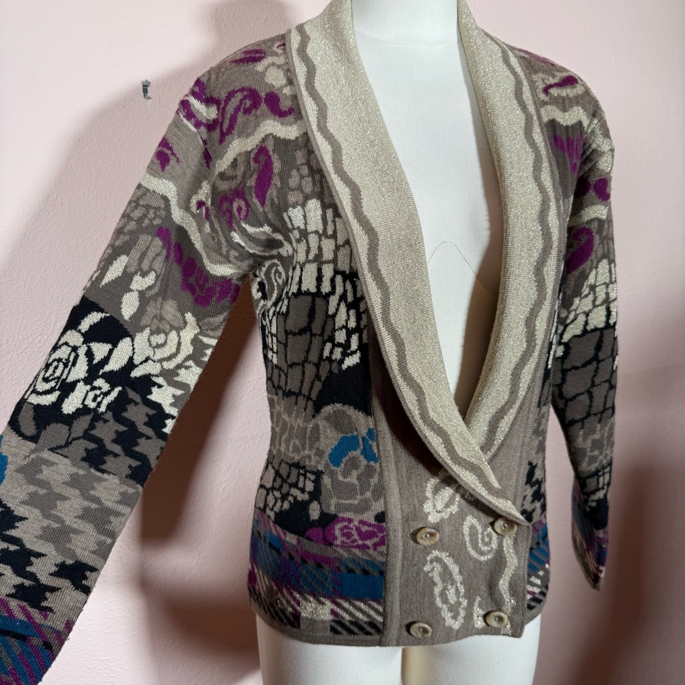 Vintage 1990’s Georgiou Art deco Drop Waist Oversized Wool Cardigan Sweater Smal